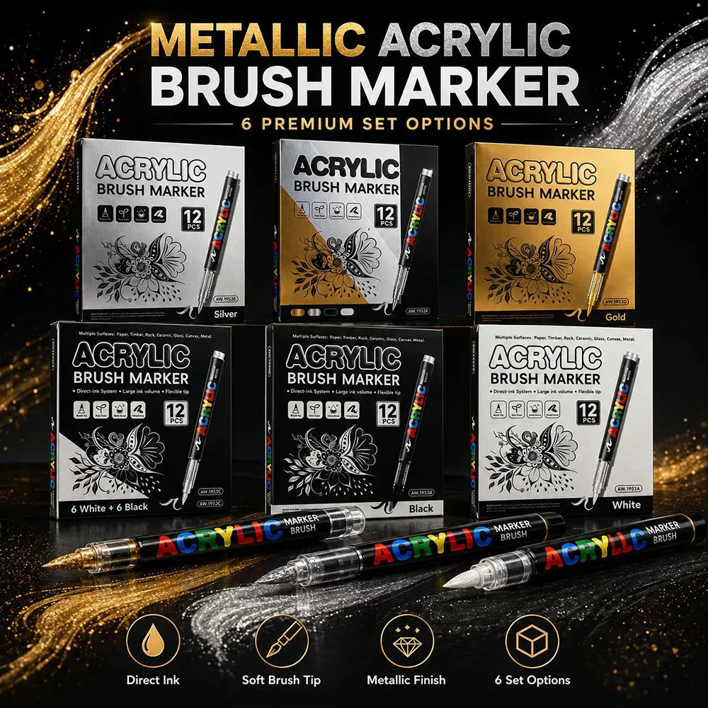 12 Colors Acrylic Paint Pen Set Black/White/Gold/Silver Acrylic Highlights Markers Brush Tip Markers for Wood Rock Painting Gift Qme