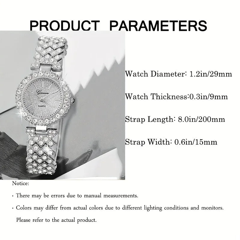 1pc Rhinestone Decor Quartz Watch Elegant Analog Wristwatch & 5pcs Jewelry Set, Festival Gift For Women Qme