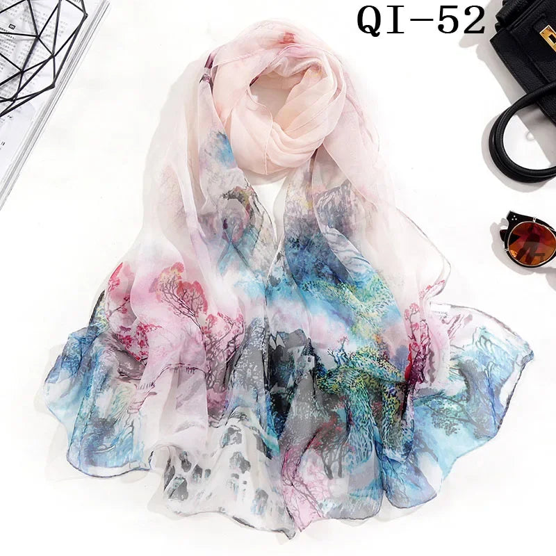 Painting Lotus Beach Sun Protection Chiffon Georgette Scarf Women Foulard Scarf Shawls Female Long Wraps Beach Sunscreen Hijab Qme QI-52