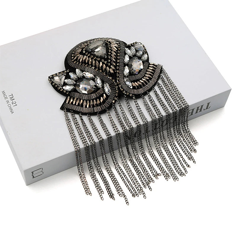 Epaulette Brooch Pin Bead Long Tassel Chain Electroplating Decor DIY Men Women Bling Epaulette Clothing Shoulder Jewelry Qme