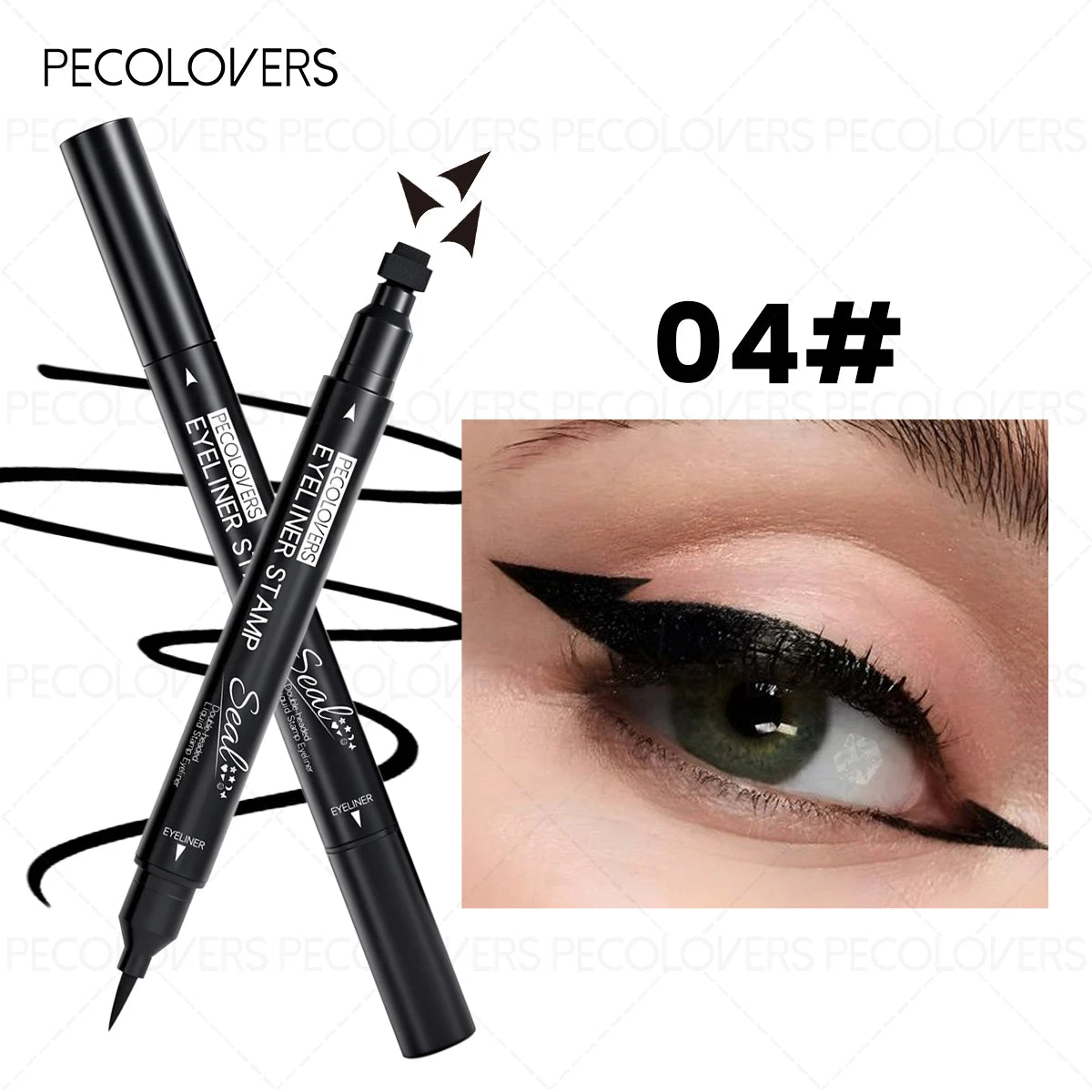 Dual-ended 2-in-1 Eyeliner Stamp, Smooth Black Liquid Eyeliner Pen, Cat Eye Smiley Moon Heart Stamp One-Swipe, Whimsical Makeup Qme 04