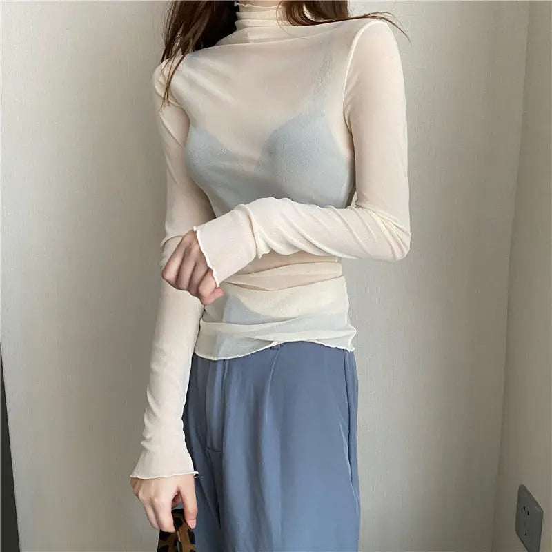 Floral Lace Shirt Spring Autumn Long Sleeve Sexy Mesh Bottoming Shirts Ladies Solid Turtleneck Silk T-Shirt Lace Crop Top Qme Xs L