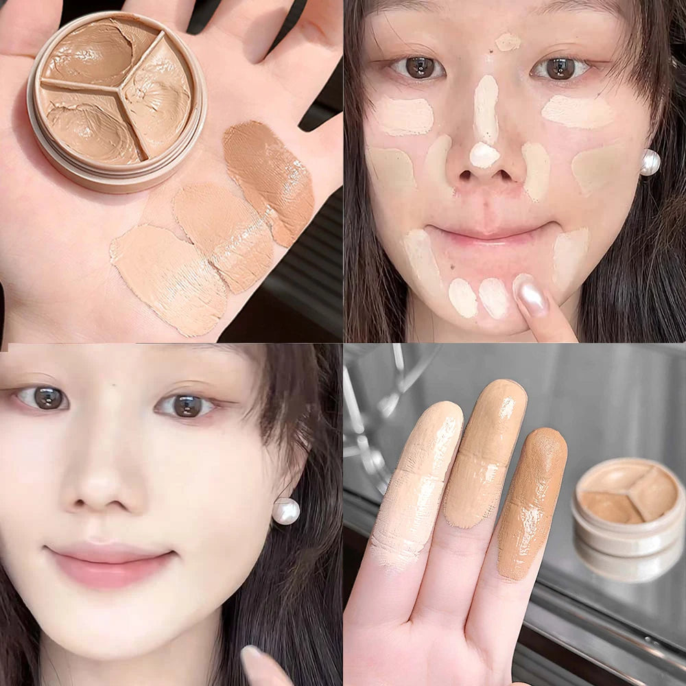 Olive Green 3-Color Concealer Palette Full Coverage Dark Circles Fine Lines Redness Cream Matte Brightening Under-Eye Makeup Qme