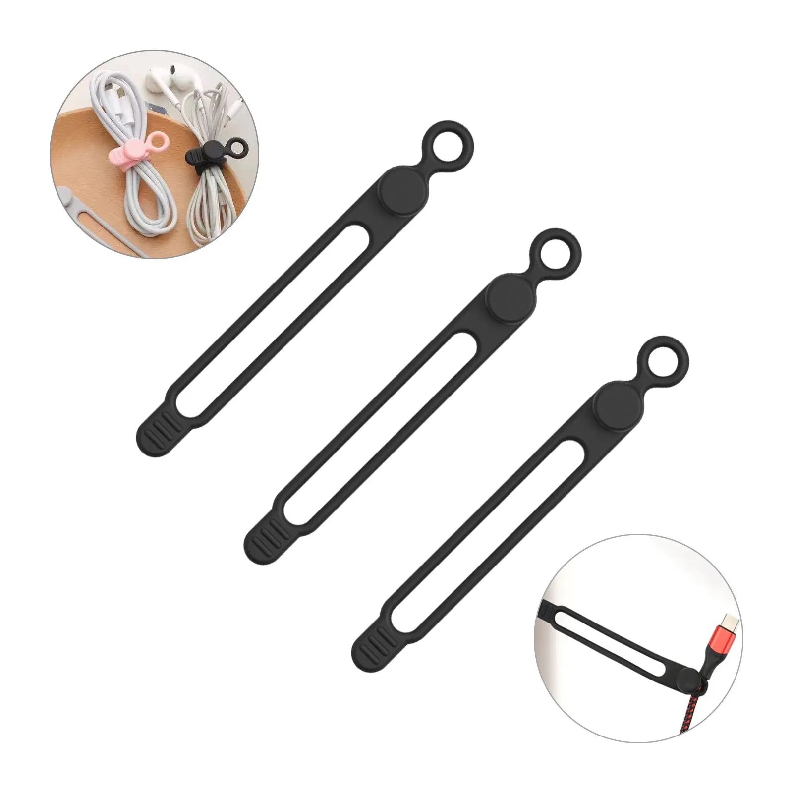 Silicone Cable Ties,Cord Organizer,Cable Straps,Reusable Cord Ties,Travel Cable Organizer ,Cute Elastic Tie, Wire Ties Qme Black 3pcs