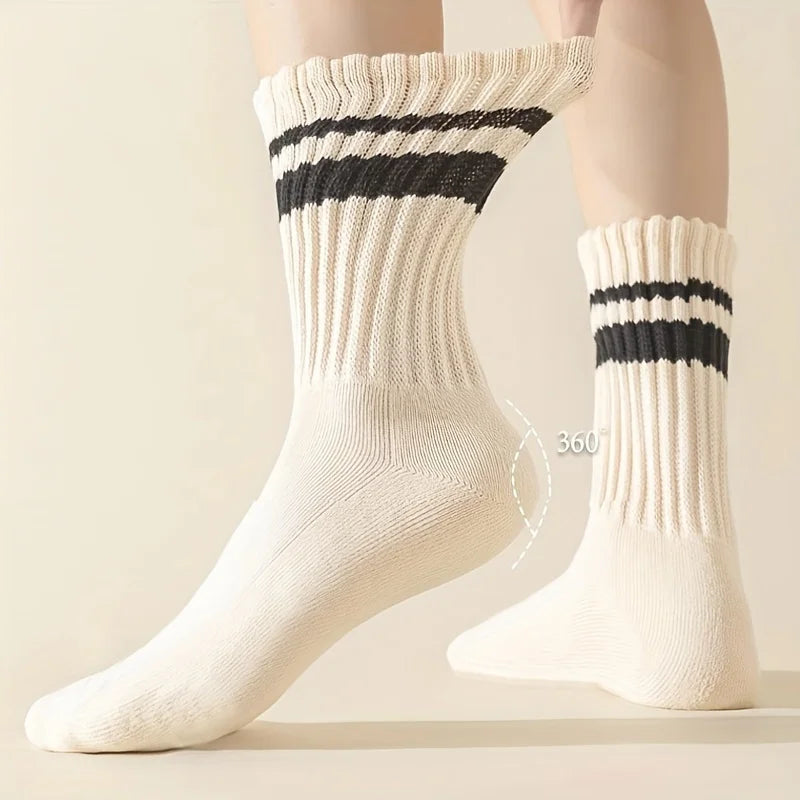 Striped Crew Socks, Casual Cotton Sport Socks for Men Women, Retro Style Qme