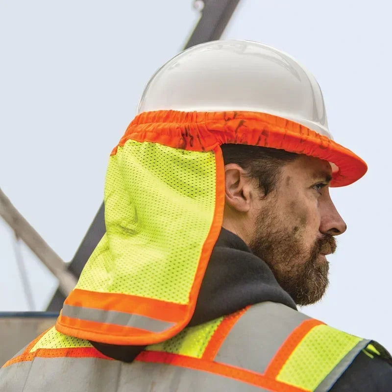 High Visibility Neon Reflective Stripe Sun Protector Neck Cover Safety Hard Hat Helmet with Elastic Breathable Mesh Shield Qme