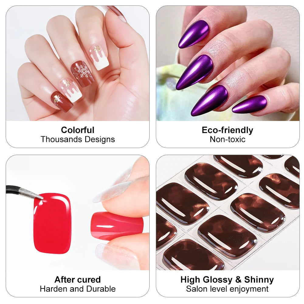 20Tips Leopard Pattern Semi-cured Gel Nail Strips French White Polish Qme