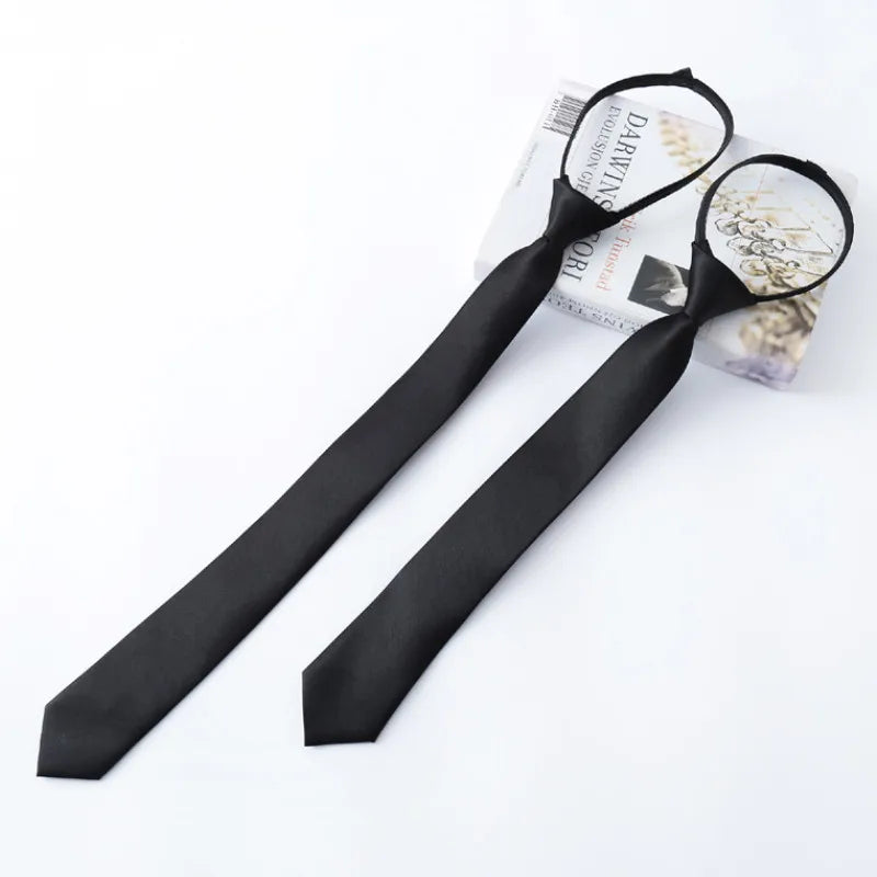Black Unisex Zipper Ties Retro Silky Narrow Neck Tie Slim Smooth Qme