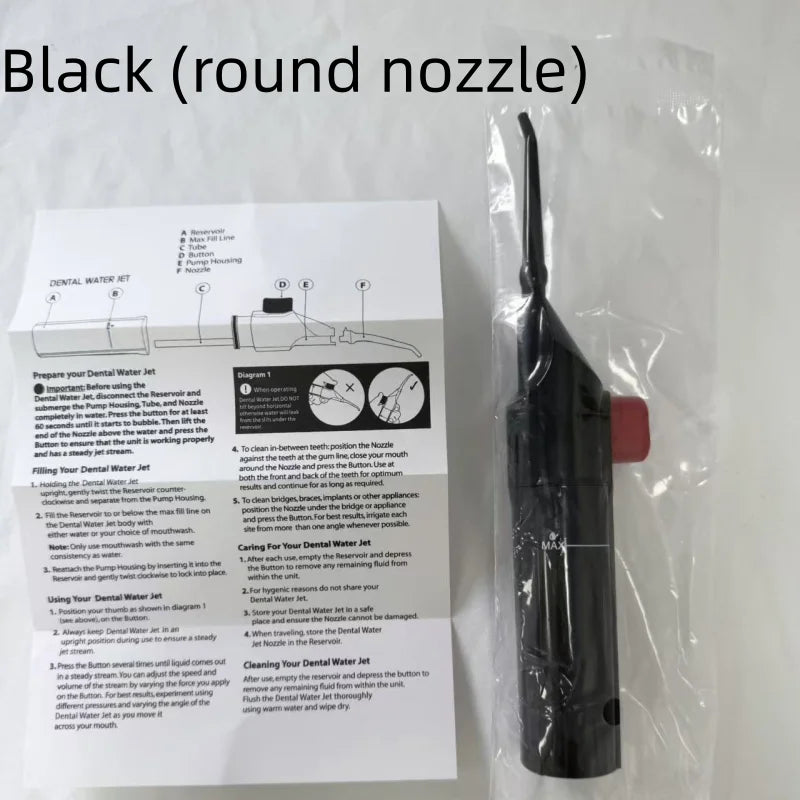 Manual Pressure Portable Dental Cleaner Water Jet Floss Tooth Pick Jet Tip Teeth Cleaning Dental Stone Remover Qme black round