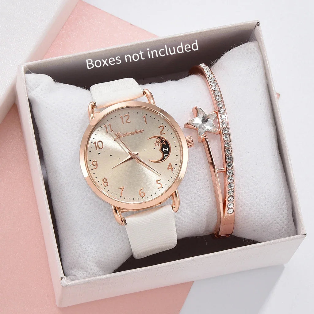 2PCS Fashion Moon Dial Women Quartz Watch Bracelet Set Casual Leather Strap Ladies Wristwatch Reloj Mujer（Without Box） Qme White No Box
