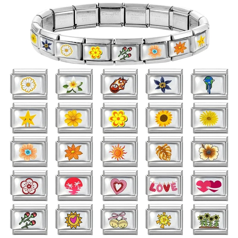 Design Colorful Earth Sun Sunflowers Stainless Steel Link fit 9mm Italian Flowers Series Jewelry Making DIY Charm Bracelet Gifts Qme