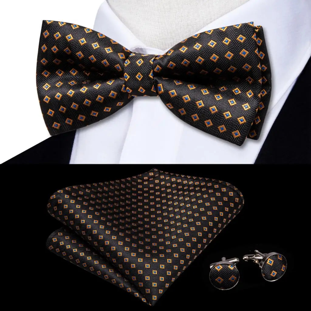 Beige Champagne Gold Mens Bow Tie Hanky Cufflinks Set Jacquard Floral Pre Tied Butterfly Bowtie for Male Wedding silk Business Qme LDLH0564