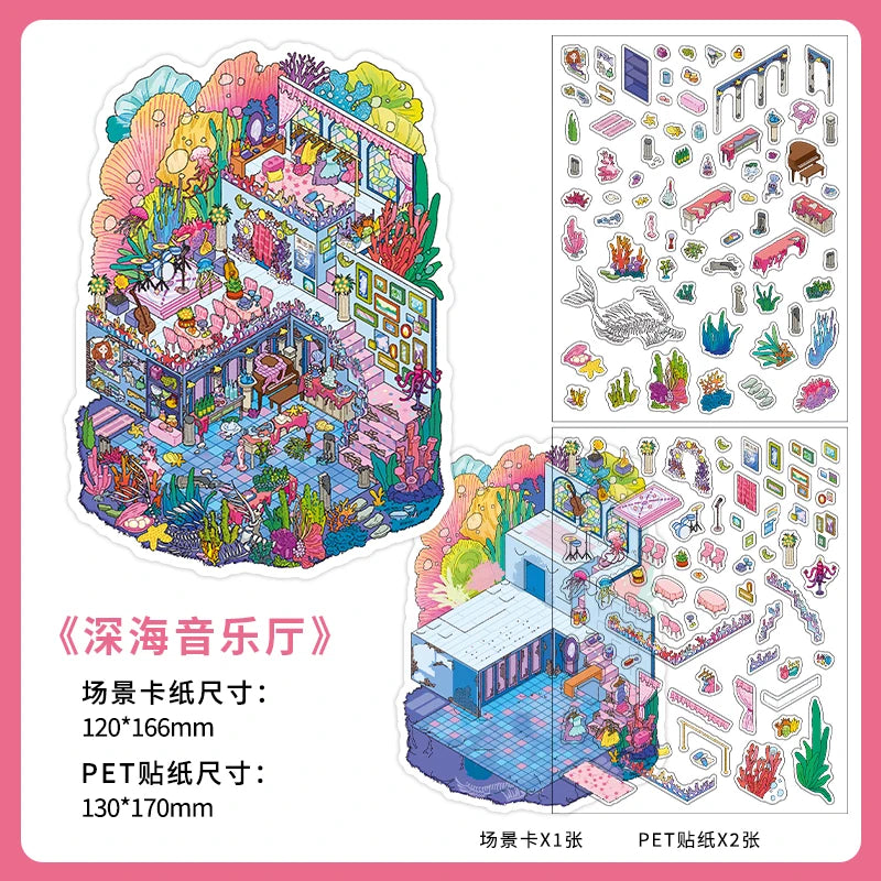 3 Sheets/Bag Fantasy House Miniature Scene Stickers PET+White Card 2.5D Stress Relief Game Stickers for DIY Craft, Birthday Gift Qme 3