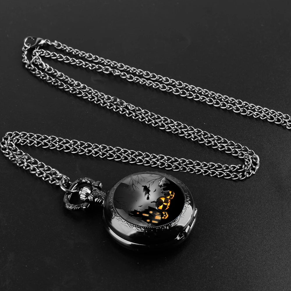 Pumpkin Witch Glass Dome Quartz Pocket Watch With Durable Chain Arabic Numeral Dial Halloween Gifts for Kids Qme