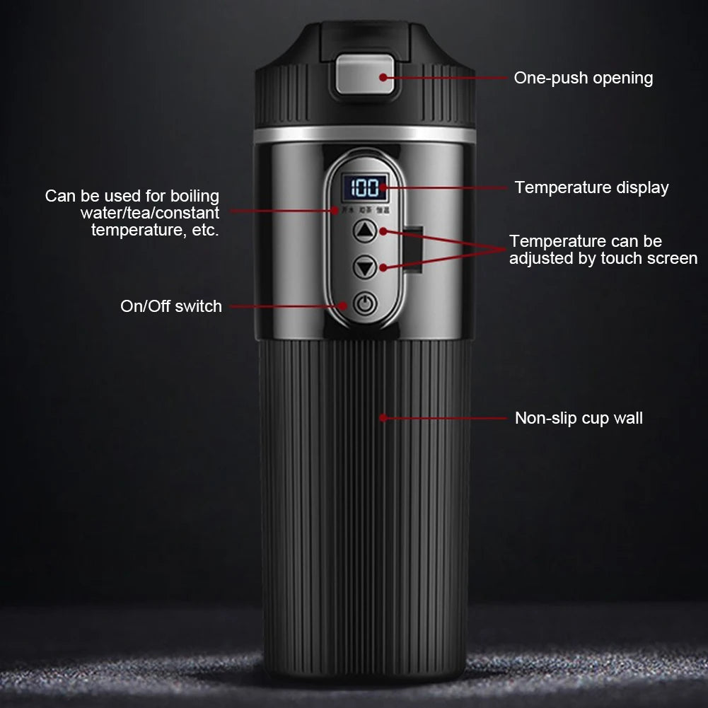 12V/24V 500ml Stainless Steel Car Heating Cup Smart Temperature Control Electric Kettle Stainless Steel Cup Water Warmer Bottle Qme