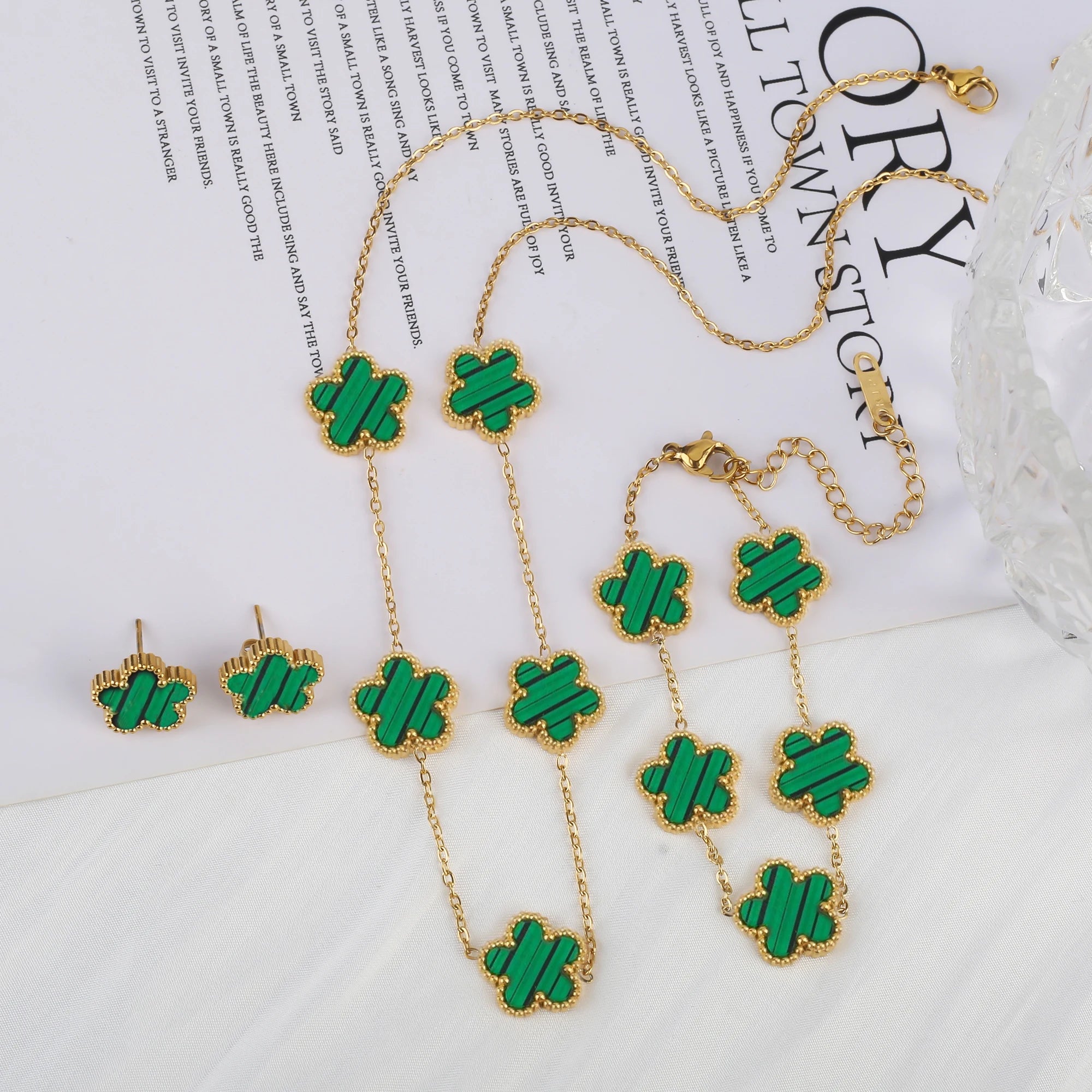 Classic Luxury Five Leaf Flower Jewelry Set High Quality Stainless Steel Bracelet Necklace Earrings Fashion Woman Clover Gift Qme Jewelry Set 4