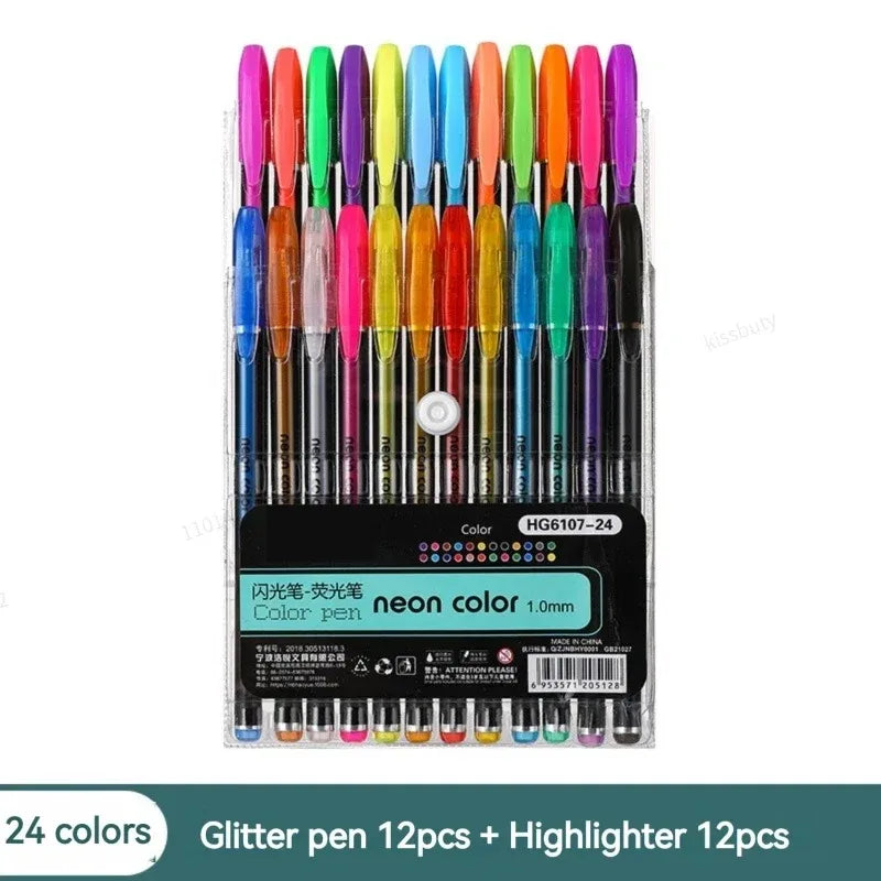 12-60Pcs Metallic Glitter Colors Gel Pens & Pen Refills For School Office Adult Coloring Book Journals Drawing Art Markers Qme 24 Colors Pen