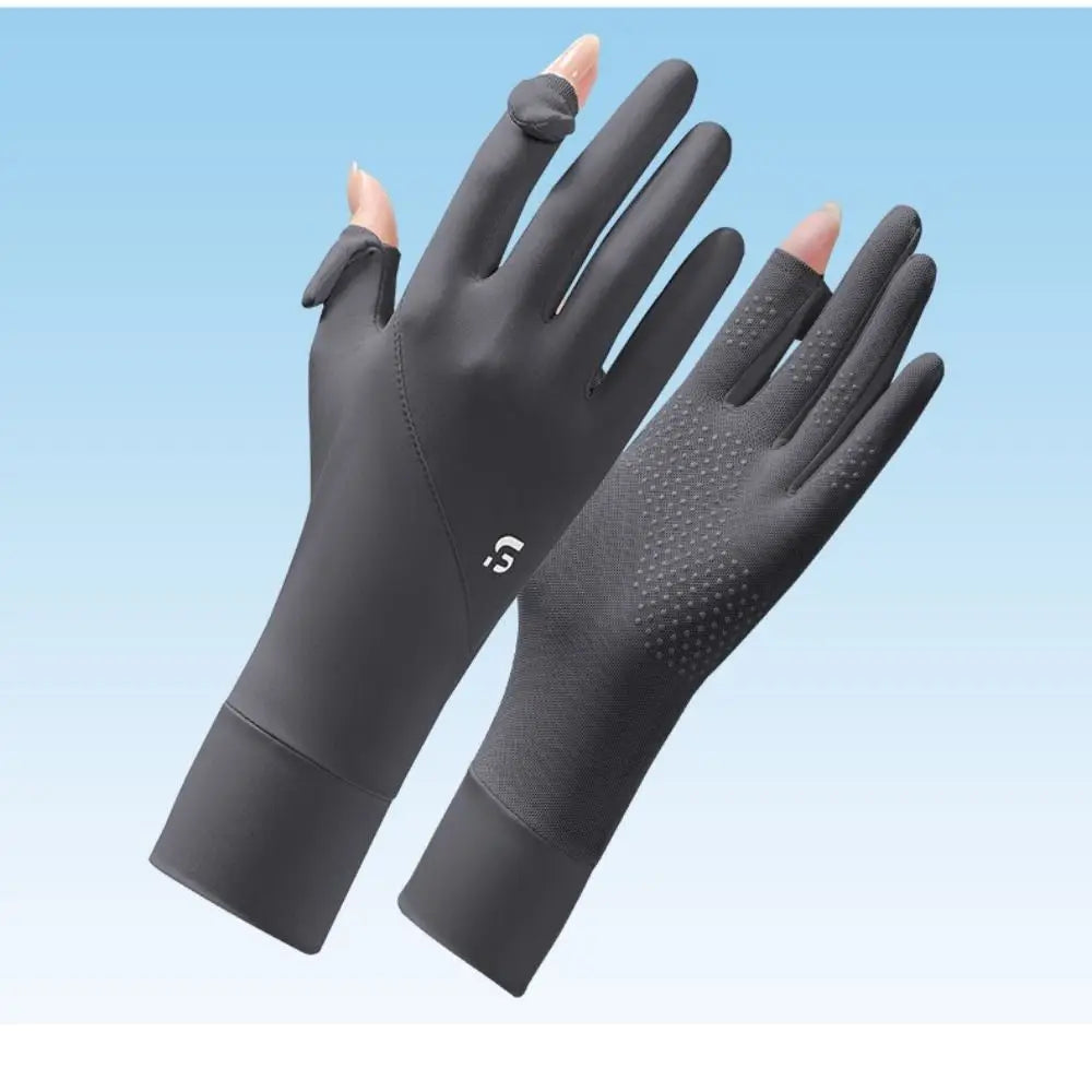 Ice Silk Women Sunscreen Gloves Thin Elastic Touch Screen Ice Silk Gloves Exposed Finger Breathable Cycling Driving Gloves Qme