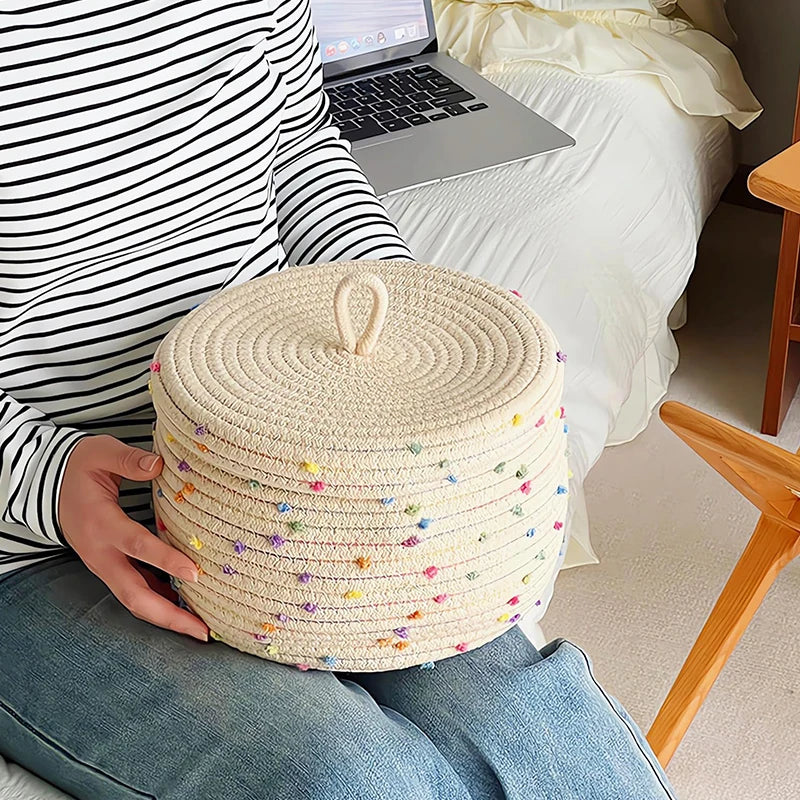 Woven Makeup Storage Basket Underwear Cotton Rope Lid Desktop Box Key Qme
