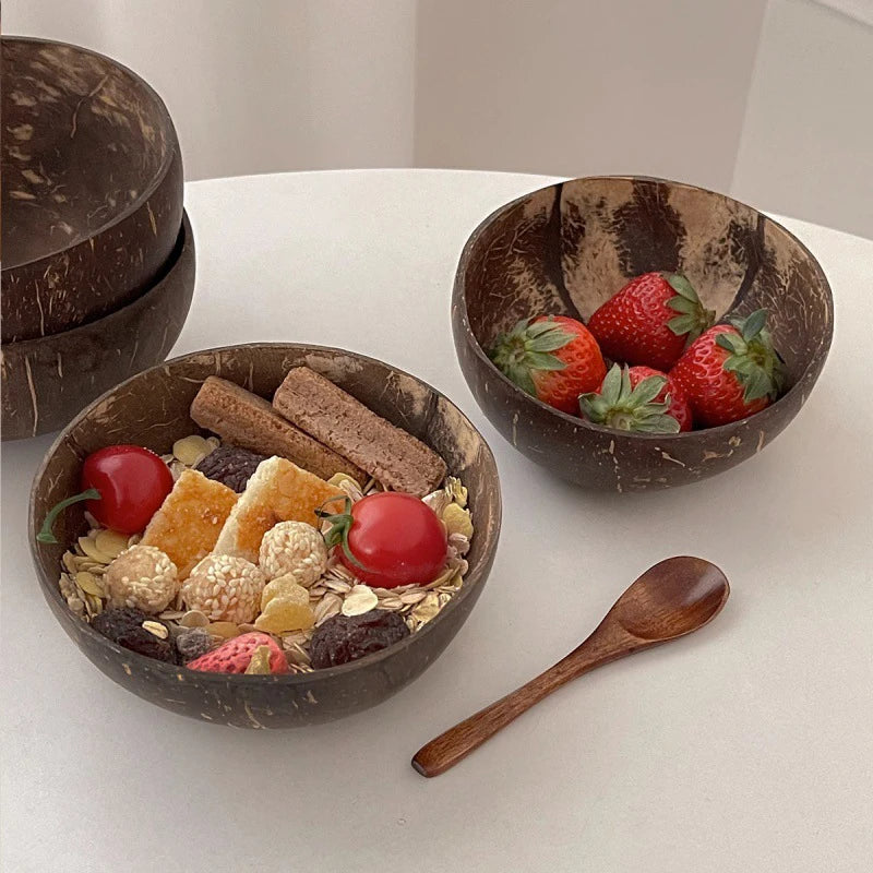 1Pc Natural Coconut Bowl Wooden Handmade Coconut Bowls for Eating Tableware Fork Spoon for Dessert Fruit Salad Mixing Rice. Qme