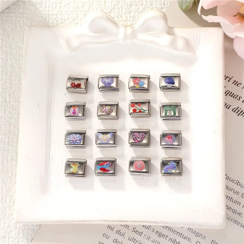 Fashion Women Men Y2k Colorful UV Heart Cat Sun Butterfly Italian Charm Link Fit 9mm Stainless Steel Bracelet DIY Making Jewelry Qme