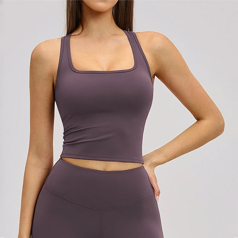 A Yoga Vest Seamless Running Top Tank Top Short Sleeve I-shape Backless Gym Workout Top Solid Color Nylon Fitness Top Qme