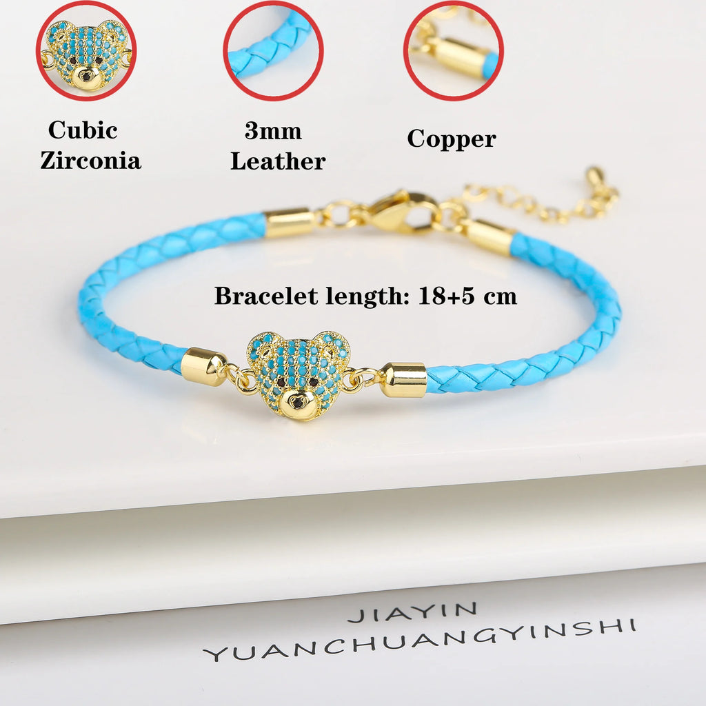 New 6 Colors Fashion Cute Animal Bear Zirconia Leather Rope Braided Adjustable Bracelet Classic for Man Woman Party Jewelry Gift Qme