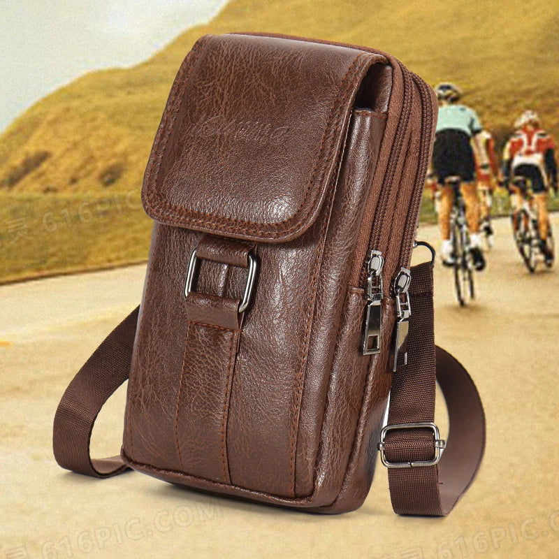 Vintage PU Leather Waist Strap Bag Waterproof Hook Chest Multi Layer Qme