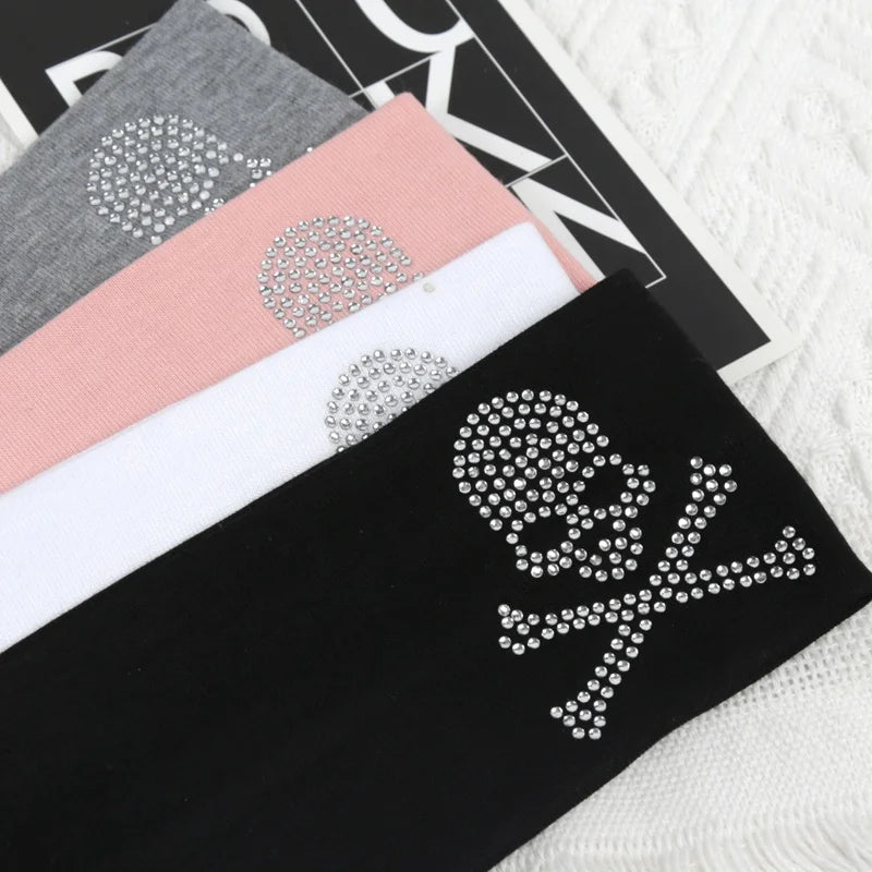 Women's Fashion Plain Headbands SKull Design Rhinestones Elastic Qme