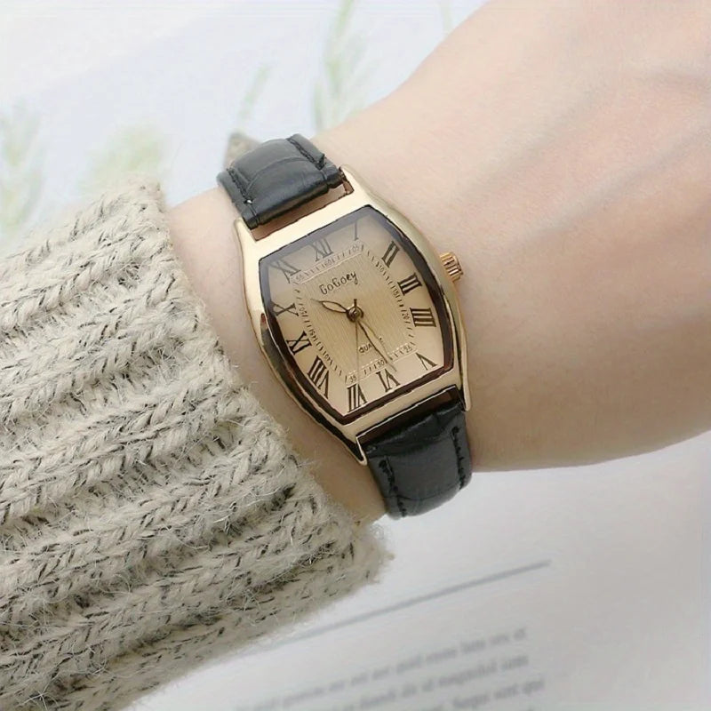Vintage Pointer Quartz Watch Minimalist Roman Numeral Dial Wristwatch With Leather Watchband For Women Men Qme black