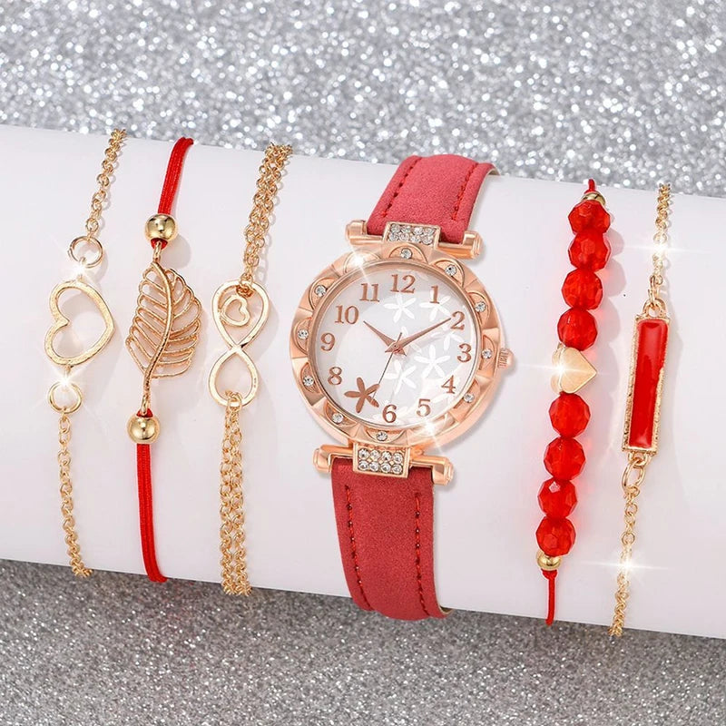 5Pcs Women Pink Suede Strap Watch Set, Floral Bezel Snowflake Dial Quartz Watch + Leaf Heart Pink Crystal Stack Bracelets Qme green