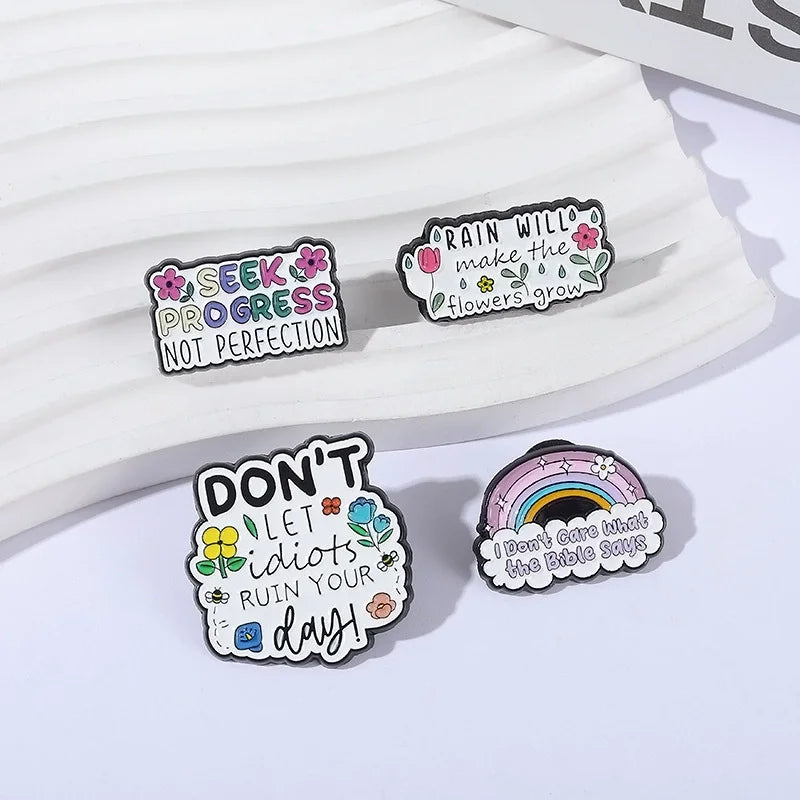 Cartoon Rainbow English Enamel Pins Seek Progress Not Perfection Metal Badge Brooch Children And Friends Jewelry Gifts Wholesale Qme