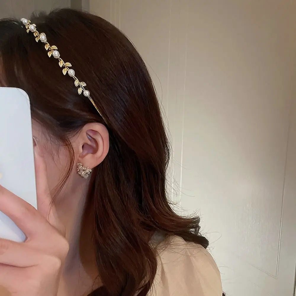 Wedding Bride Headwear Pearl Wash Face Hair Band Leaf Headband Qme