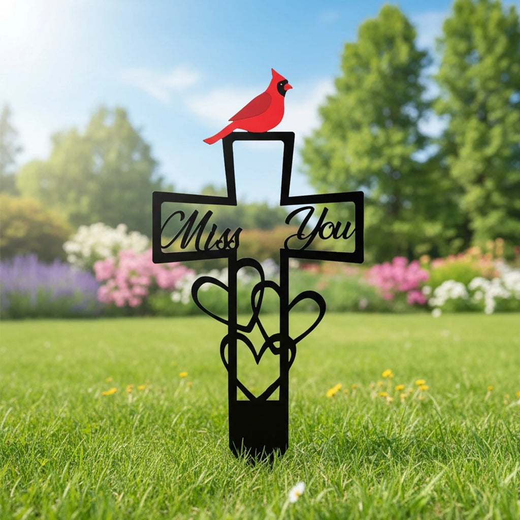 Metal Cemetery Memorial Plaque for Remembrance Red Bird Markers Cross Sign 5.87x11.82in Weatherproof for Easter Sympathy Gifts Qme