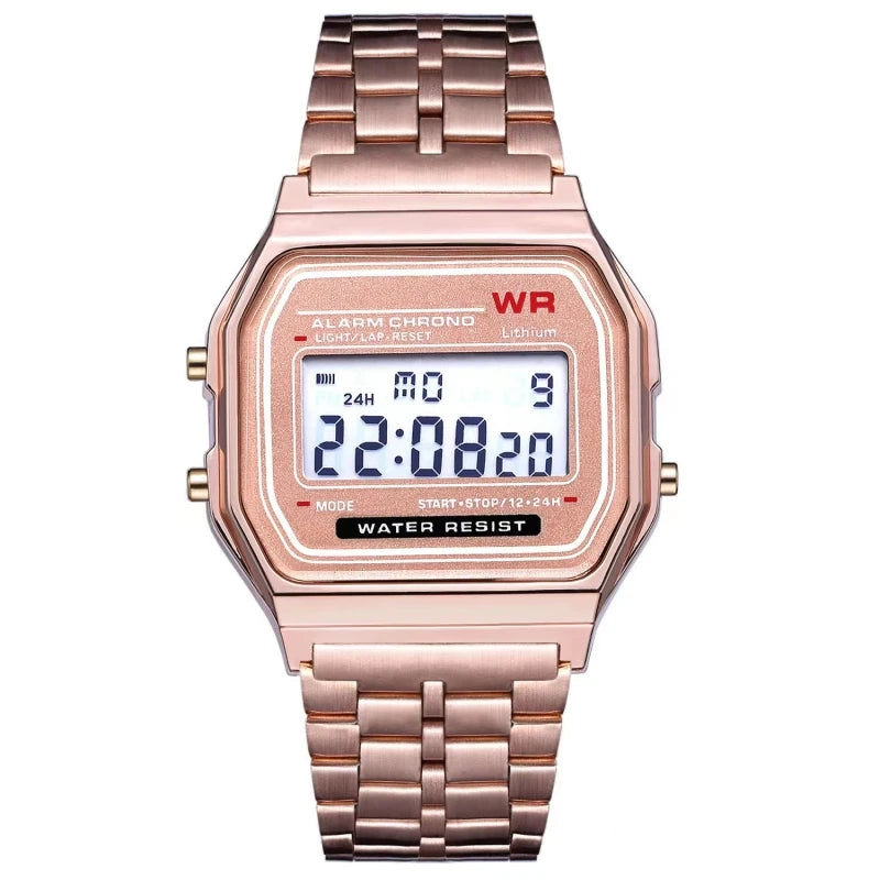 F91W Non-Waterproof Steel Band Watch For Women, Men, Business Clock, Multi-Functional LED Digital Sports Watch, Electronic Clock Qme Rose No
