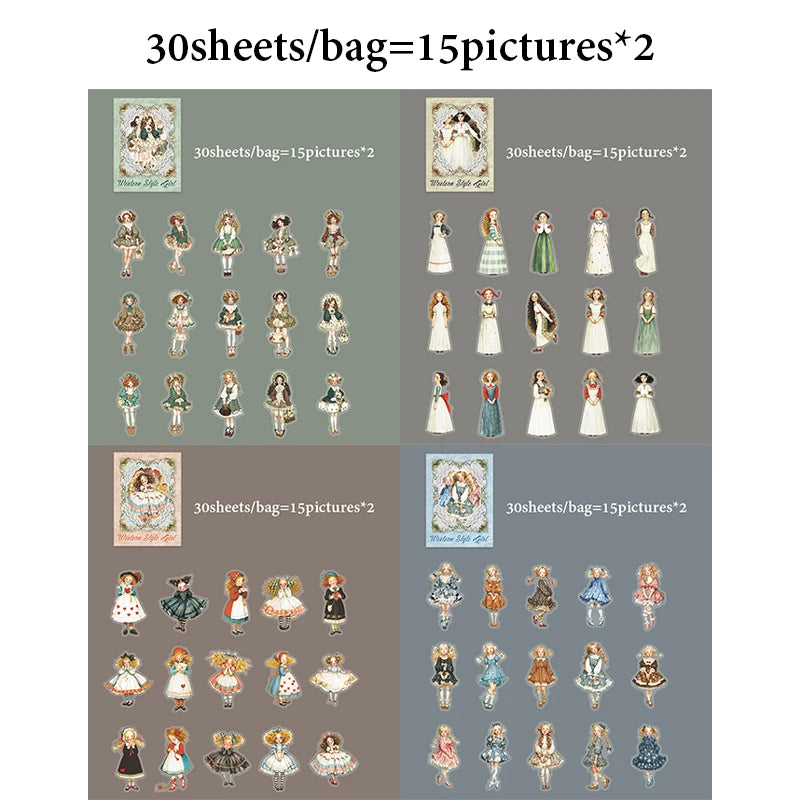 4 Bags Sweet Lolita Dress Girl Sticker Pack, Retro Victorian Style, Detailed Designs for Journal Scrapbooking & Crafts Qme 4 Bags