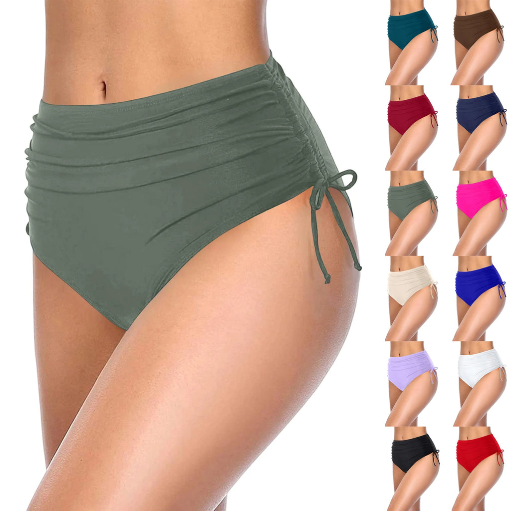 Basic Tight Swimming Bottoms for Female Solid Color High Waist Full Coverage Bikini Split Swimsuit Briefs Beach Drawstring Trunk Qme
