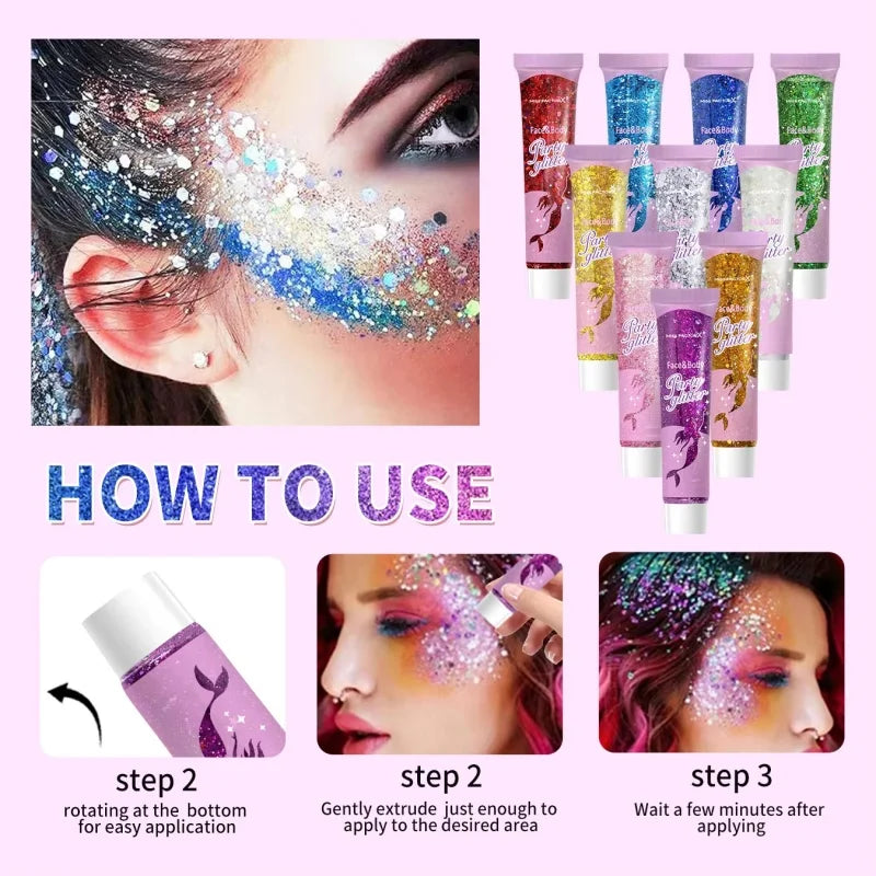 Sparkling Sequins Glitter Gel Stick 10 Color Body Glitter Gel Cosmetic Hair Glitter Festival Makeup for Christmas Party Qme