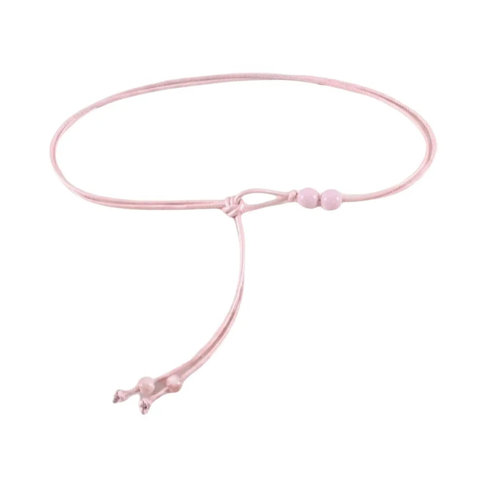 Retro Slim Rope Waist Chain Adjustable Bead Leather Waistband Chinese Qme Pink