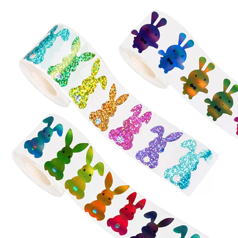 500pcs/roll Easter Bunny Carrot Stickers Holographic Waterproof Stickers For Easter Egg Hunt, Party Decorations, Scrapbooking Qme