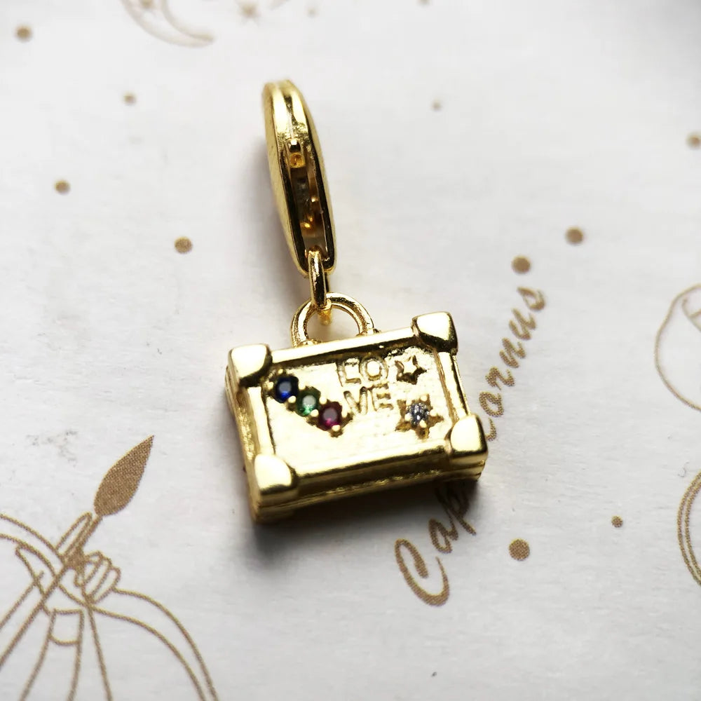 Vintage Suitcase Golden Pendant 925 Sterling Silver Dangle Charm Women Men Fine Jewelry Qme