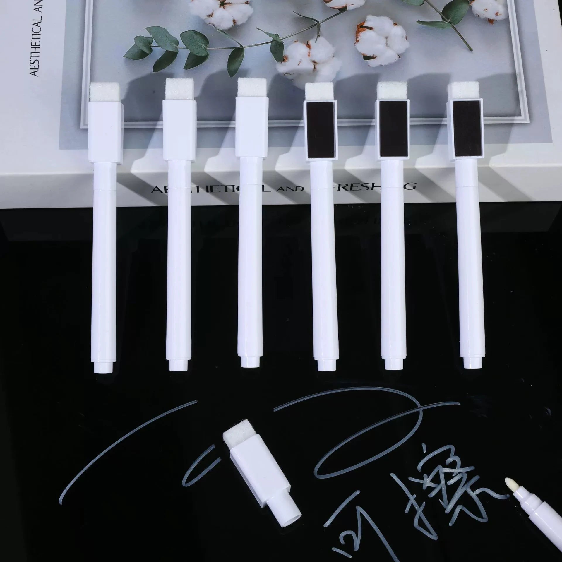 white dry-erase whiteboard markers, with eraser head for easy wiping and smooth writing, suitable for classroom office supplies Qme