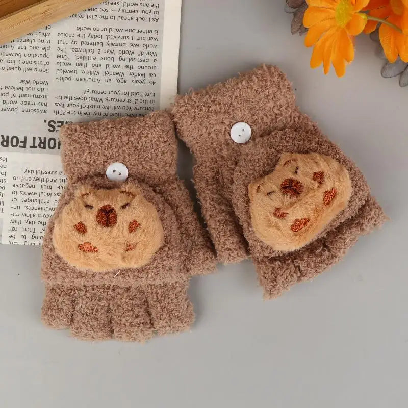 Cartoon Capybara Plush Gloves Children Winter Warm Flip-top Qme A2