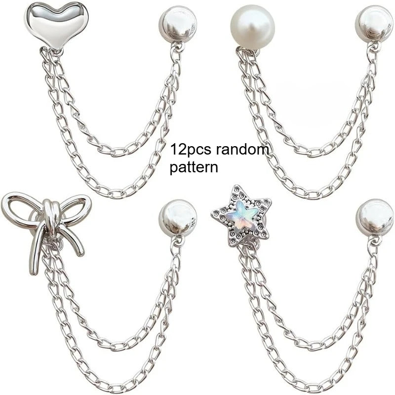Multi Layer Tassel Chain Jeans Pants Cuff Clips Bow Star Pearl Decor Brooch Pins Adjustable Pant Leg Cuff Fixing Buckle Qme 12pcs random pattern