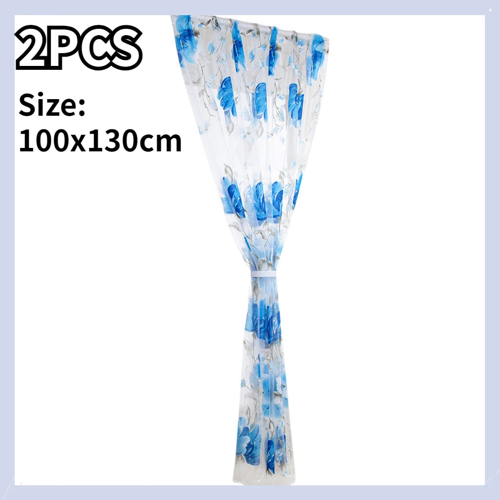 1/2 PCS Vines Leaves Tulle Door Window Curtain Drape Panel Sheer Scarf Valances Colorful Floral Pattern Transparent Curtains Qme SKY BLUE