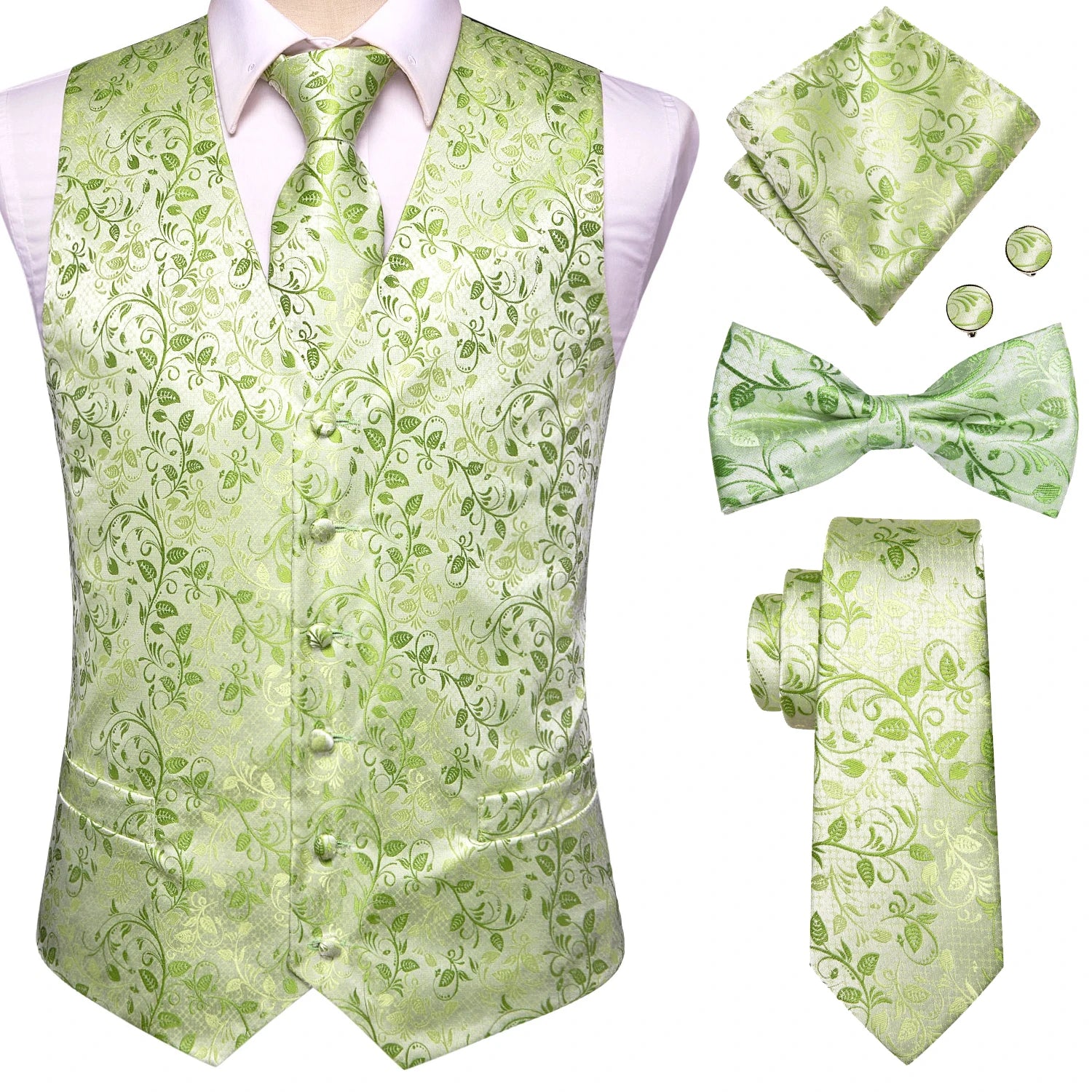 Hi-tie Mens Vests Red Blue Green Gold Waistcoat Tie Bowtie Hanky Qme