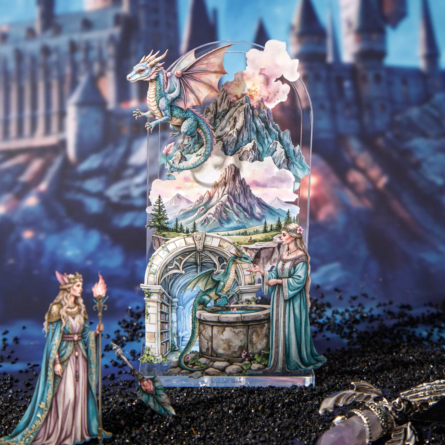15 Sheets/Bag Guardian's Oath Series Princess and Dragon Theme 3D Scenery Sticker Set for DIY Scrapbook Phone Case Notebook Qme