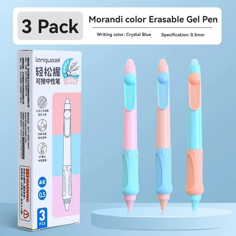 3Pcs/Set Erasable Gel Pens Kawaii 0.5mm Blue/Black Ink Quick Drying ST Tip Proper Pen for Student Stationery Supplies Qme Blue Morandi