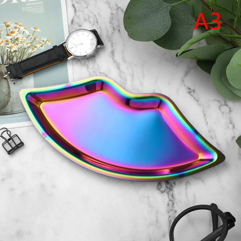 Tray Decorative Home Cosmetics Lip Shaped Jewelry Stainless Steel Qme A3