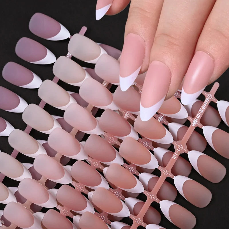 150pcs French White Edge Wearing Nail Pink Fake Nail Piece Full Sticker Matte Manicure Ultra thin White Qme